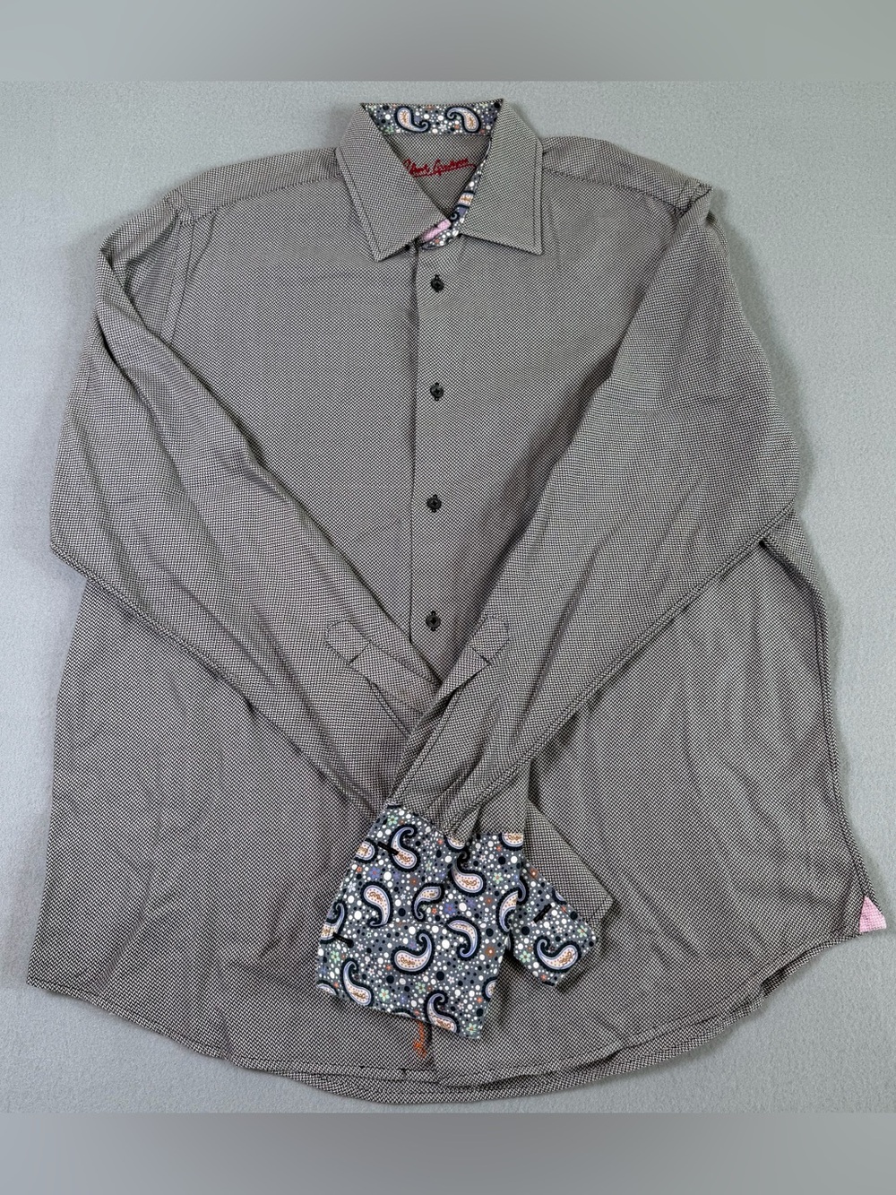 Robert Graham Shirt Mens Large Gray Chevron Print Paisley Collar Big Cuff